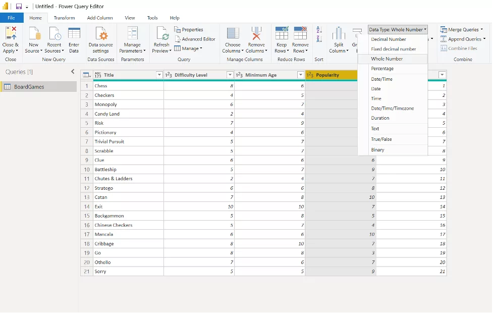 Changing field titles and data types