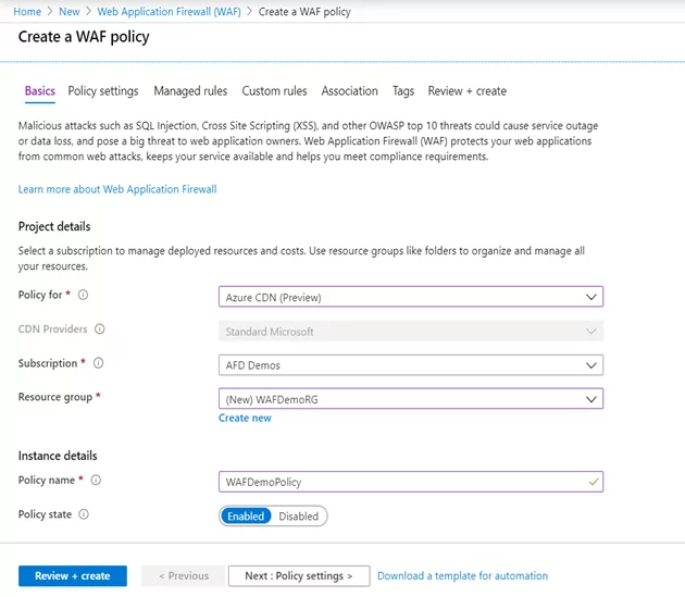 Basics of creating WAF Policy